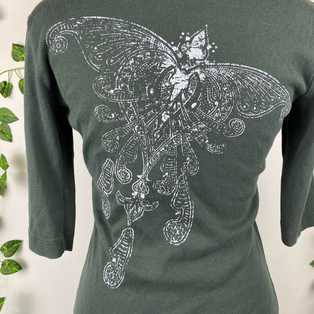 M Sledge USA a New Kind rare Y2K 3/4 sleeve rhinestone butterfly graphic grunge